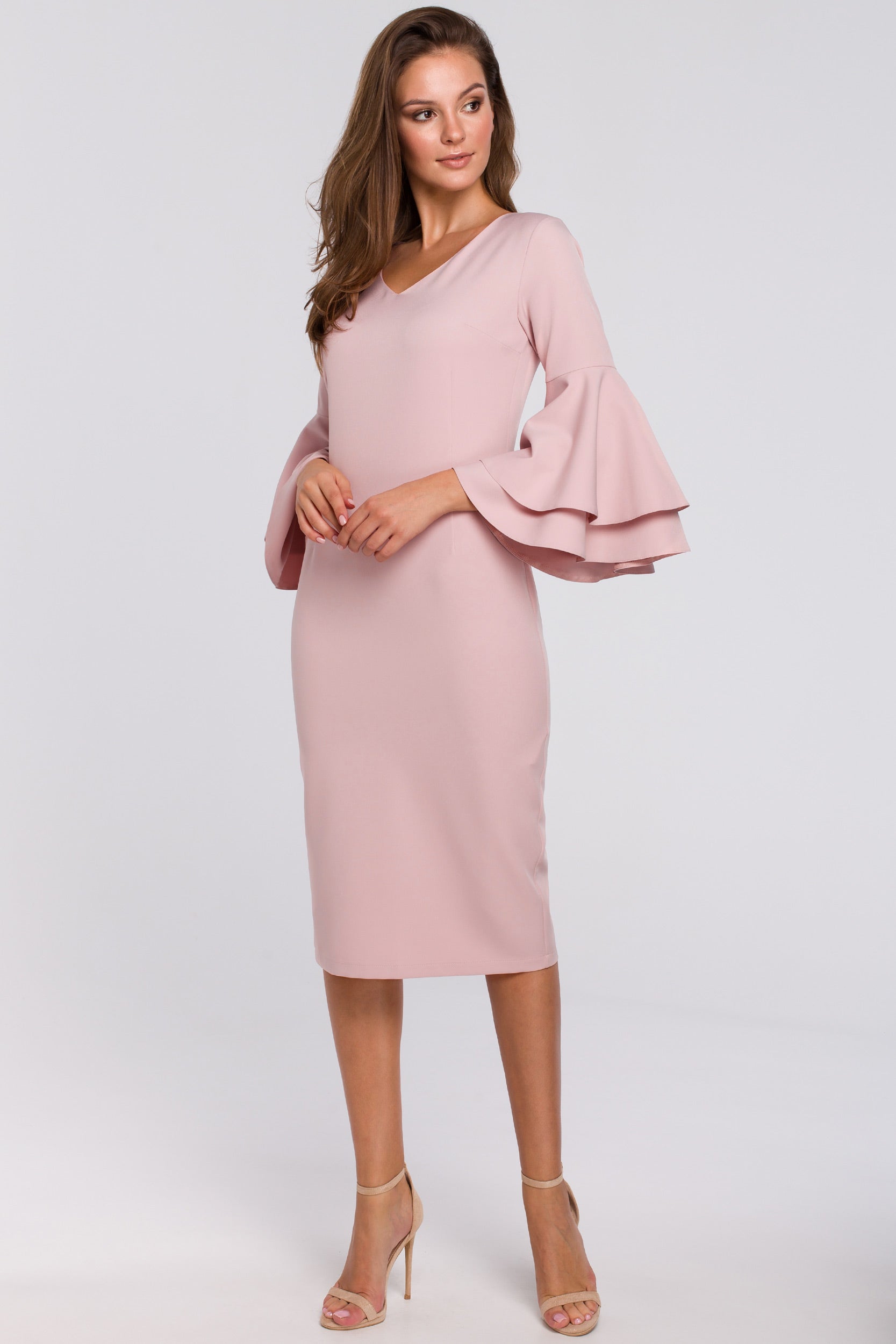 Sukienka elegancka midi z bufiastymi rękawami pudrowy róż