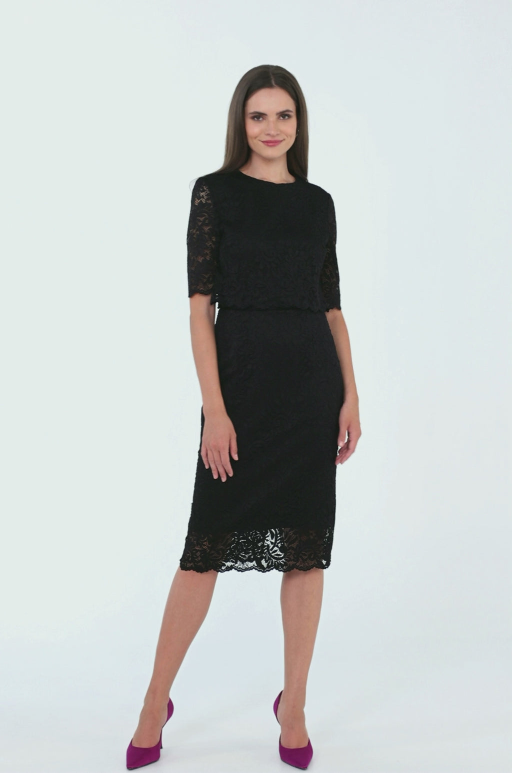 Elegancka ołówkowa dwuczęściowa sukienka koronkowa czarna