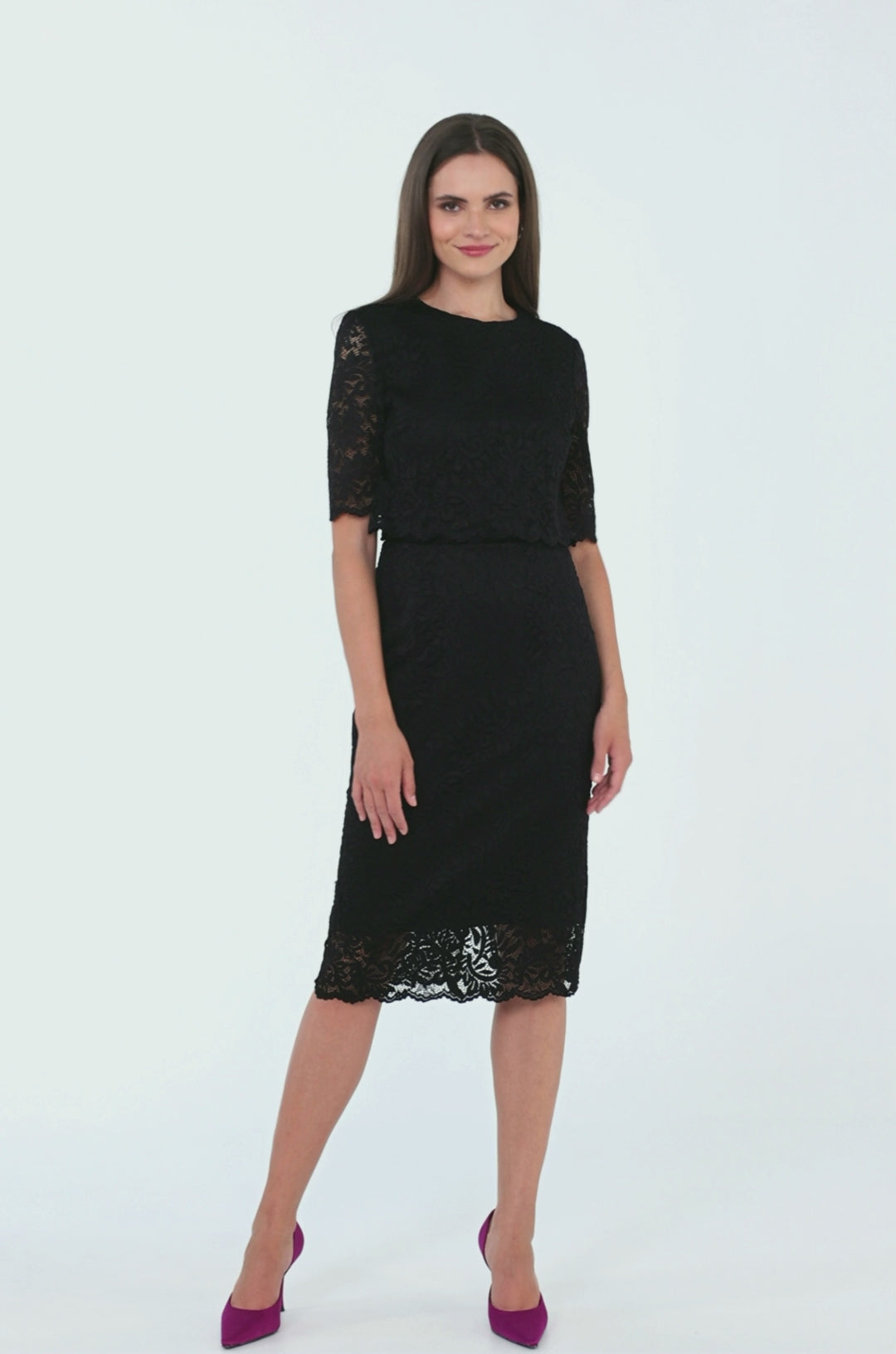 Elegancka ołówkowa dwuczęściowa sukienka koronkowa czarna